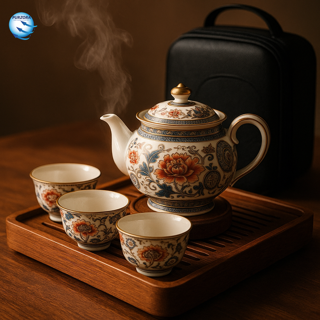 360° Rotation Porcelain Gongfu Tea Set – Elegant Ceramic Infuser Cup with Travel Case