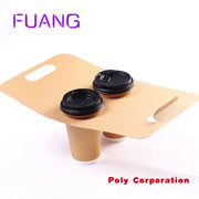 Custom  Disposable Kraft Paper Cup Base Handle Holder Eco Friendly Coffee Milk Tea Cup Tray Takeaway Drink Packaging